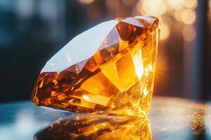 Orange gem rests on a shiny reflective surface. Facets catch the light. Bokeh effect in background. Warm color. Elegant jewel. Close up view. photo