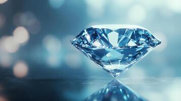 Brilliant cut diamond. The clear gem sits on a reflective surface. Defocused bright spots and blue backdrop. Luxury and wealth concept. photo