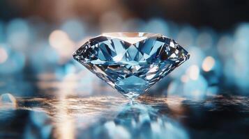 Brilliant diamond gem sparkles on wet surface. Abstract bokeh lights behind precious stone. Light blue jewel reflects its facets. Faceted gemstone with many sides. photo