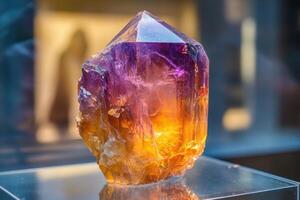 Amethyst crystal specimen. Purple and orange gemstone rests on glass surface. Close up view of rough stone with smooth tip and blurred background. photo