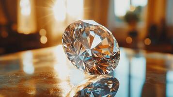 Large diamond facets shimmer on polished gold surface. A luxurious gem sits indoors reflecting soft light. Bright light shines upon the stunning stone. photo
