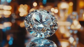 Brilliant cut diamond resting on reflective surface. Soft blurred bokeh lights in background. Precious stone shows refraction patterns. photo