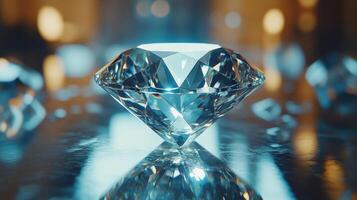 Sparkling faceted diamond sits on reflective surface. Light shines on clear gem. Other diamonds blurred in background. Precious stone close up view. photo