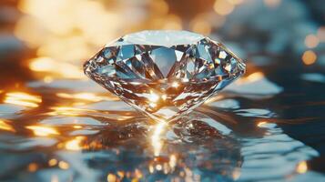 Sparkling clear diamond on reflective surface with blurred golden light. Beautiful gemstone with precise cut reflecting bright light and water reflections. Expensive gem detail. photo
