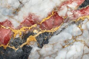 Marble stone texture background. White black and red colors. Golden veins running throughout the stone surface. Detailed close up shot of natural pattern. photo