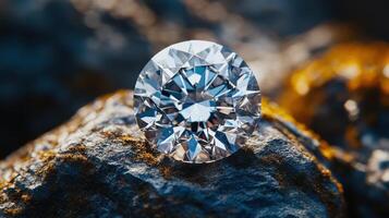 Sparkling clear diamond sits atop a dark rough stone. Gem reflects light with many facets. Detailed stone surface has some moss. Close up view. photo