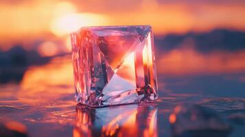 Crystal cube on ice reflects sunset colors. Clear ice block, soft light, warm glow, water droplets, abstract, orange sky. photo