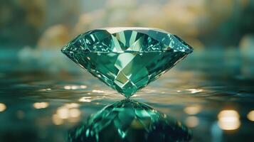 Green jewel sits on a wet surface reflecting lights. Diamond sparkles, shimmering facets reflecting the light. Beautiful gem, treasure and wealth concept. photo