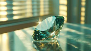 Green gemstone shines on reflective surface. Light streams through blinds in background. Diamond cut jewel reflects light. Crystal gem sits near window. Faceted stone glitters. photo