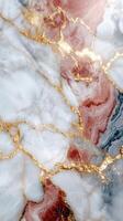 Marble texture background with golden veins. White, red and grey stone surface. Luxury abstract pattern with glitter effect. Elegant decorative wallpaper. photo