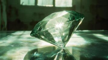 Large green diamond shines on a reflective surface. Sunbeams illuminate the precious gem in an old room with light streaming through a window. photo