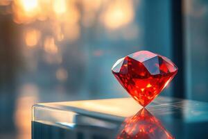 Single red gem on a reflective surface. Bright light shines behind. Faceted stone is dark and shiny. Bokeh light in soft focus background. photo