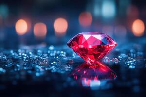 Red gemstone shines on reflective dark surface. Small gems scattered around. Bokeh lights blur in the distance. Luxurious jewel detail with intense color. photo