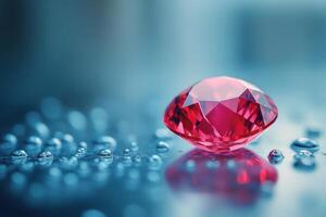 Shiny red gem rests on wet reflective surface. Small droplets of water surround the jewel. Jewel reflects light on cool surface. photo