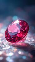 Pink gem resting on a glittering surface. Bright light reflects off the gemstone. Bokeh in the background with shades of blue and pink. photo