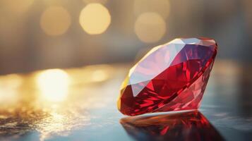 Close up of a red gemstone on a surface with a blurred light background. The ruby has many facets and a reflection. photo