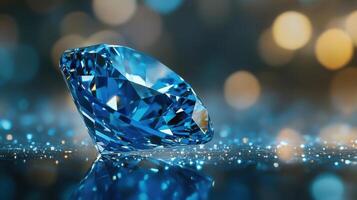 Blue jewel on a reflective surface. Sparkles surround the gem. Bokeh lights shine in the soft dark background. Crystal refraction creates elegant patterns. photo