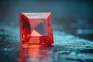 Close up of a square red gemstone on a dark shiny surface. The gem reflects light with sharp facets against a blurred teal background. photo