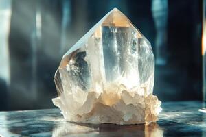 Clear quartz crystal point shining on dark marble surface. Light reflecting through the stone. Geology and minerals. Crystal healing and spirituality concept. photo