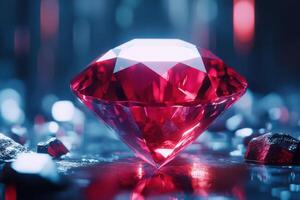 Large red gem resting on dark surface. Facets reflect the light. Small stones around the main gem. Elegant and shiny with blue light background. photo