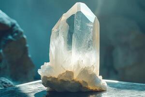Large clear quartz crystal point standing tall. Raw stone formation with sharp geometric lines. White mineral specimen against blue backdrop. Geology concept. photo