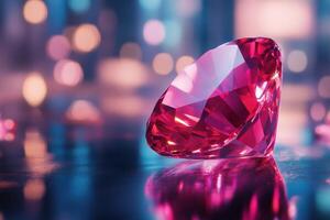 Sparkling red gem. Faceted ruby on dark surface. Gemstone reflects vibrant lights. Luxury jewel shines. Precious stone on smooth table. Bokeh background of soft glow. photo