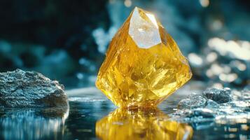 Large yellow crystal reflects in water. Dark rock and glittering minerals lie nearby. The background is blurred and shows blue and black hues. photo