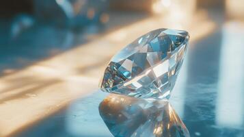 Brilliant diamond rests on shiny surface. Light reflects off facets and creates soft glow. Clear gemstone sparkles with sharp edges. photo