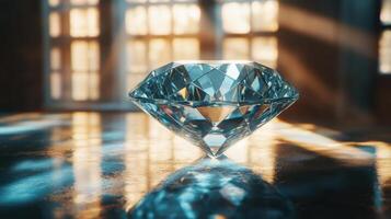 Sparkling diamond rests on surface near window. Light streams creating bright reflection. The faceted gem has clear clean cuts. photo