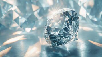 Brilliant cut diamond shines on reflective surface. Light reflects through facets. Background shows out of focus diamond shapes. Luxury and wealth concept. photo