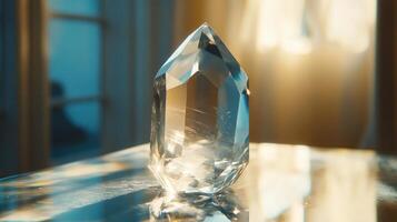Large clear crystal point sits on a mirrored surface. Sunlight shines through the crystal in a brightly lit room. Simple background. photo
