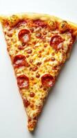 Close up view of pepperoni pizza slice on white background. Tasty cheesy meal with tomato sauce. Baked Italian food overhead view. photo