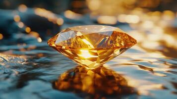 Close up of a faceted yellow gemstone on a textured metallic surface with soft golden light and bokeh reflections photo