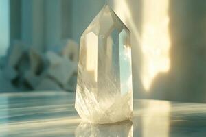 Clear quartz point stands on a marble surface as sunlight casts warm shadows in a bright tranquil room. Blurred natural stone shapes in background. photo