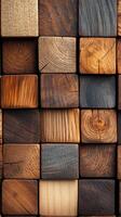 Wooden blocks background. Dark and light wood tones. Square textured mosaic. Natural wood grain patterns. Close up of rustic wooden surface. photo