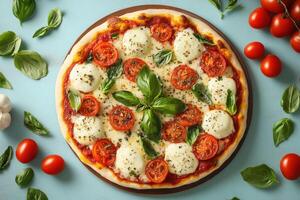Delicious pizza on wooden board. Tomatoes and mozzarella on top. Fresh basil leaves. Light blue background. Food photography concept. photo