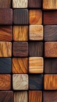 Wooden cubes arranged in a stack. Square brown tiles of natural wood with beautiful patterns in close up. Top down view. photo