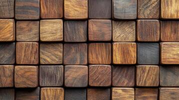 Many brown wooden cubes create a textured surface. Small blocks with wood grain patterns arranged closely together. Background of square pieces showing natural material. photo