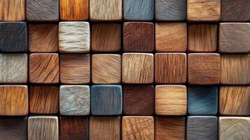 Close up of many wooden cubes. Each block has its own unique wood grain. Wooden texture background pattern. Decorative wall design. photo