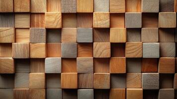 Wooden blocks pattern. Many small squares of wood texture. Light and dark shades of brown. Wall of natural material. Abstract arrangement. photo