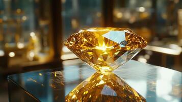 Large yellow diamond resting on shiny metallic block reflecting bright light with blurred gold background in elegant setting. photo