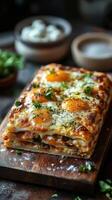 Lasagna portion cut on wooden board. Egg yolks topping cheesy dish. Rustic dark table with parsley and salt. Warm meal close up. photo