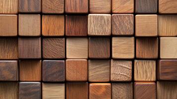 Wooden blocks background. Stack of small wood cubes. Different colors and textures. Closeup surface with shadows. Natural material pattern photo