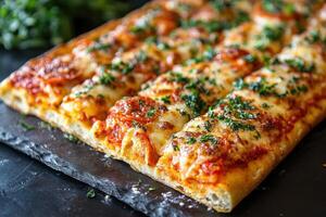 Rectangular pizza with pepperoni and cheese topping. Food placed on a dark slate surface. Greens near the pizza. Close up of baked pizza slices. photo