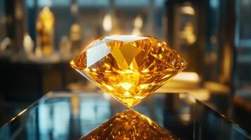 Large yellow gem rests on reflective surface. Interior setting with blurred background. Jewel presents sharp facets and shines in the light. photo