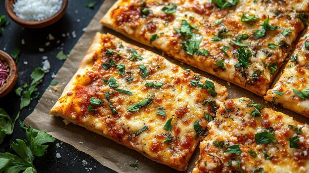 Square pizza slices with tomato sauce, mozzarella cheese and parsley garnish, displayed on baking paper on a dark surface with small bowls photo