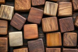 Many wooden blocks. Square shapes with wood texture. Brown color tones on a dark wood surface. Close up shot of textured cubes. photo