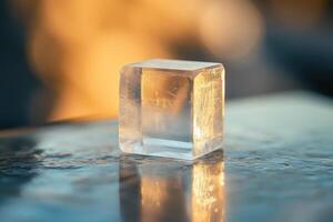 Clear ice cube on a cold textured surface with warm light reflecting. Transparent block sits alone with blurry background and reflection. photo