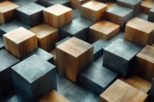Many wooden cubes and dark grey cubes creating an interesting textured pattern. Depth of field photo shows surface details.