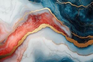 Abstract marble texture background. Blue, red and white swirls with gold glitter veins. Luxury decorative surface with fluid art. Agate stone pattern photo